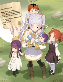 2boys 3girls :3 =_= absurdres artist_logo artist_name baby blush boots capelet carrying carrying_baby carrying_person dress elf english_text frieren grabbing_another's_hair hand_on_another's_head highres holding holding_another's_hair holding_paper if_they_mated logo long_hair looking_at_another multiple_boys multiple_girls note pantyhose paper pointy_ears purple_hair reading red_hair short_hair sinad_aruatjanapat sousou_no_frieren standing twintails white_hair