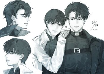 2boys asamanemo black_coat black_hair black_shirt chest_belt coat commentary curtained_hair english_commentary glaring grin heart highres holding_own_hand kim_dokja leaning_on_person looking_at_another looking_at_viewer male_focus multiple_boys multiple_views omniscient_reader's_viewpoint open_clothes open_coat popped_collar shirt short_hair smile white_coat yoo_joonghyuk