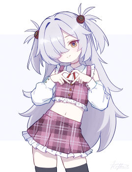 1girl absurdres alternate_costume black_skirt black_thighhighs blue_archive closed_mouth commentary_request cowboy_shot detached_sleeves finger_heart four-finger_heart_hands grey_hair hair_intakes hair_over_one_eye head_tilt heart heart_hands highres kafka963 kanoe_(blue_archive) long_hair long_sleeves looking_at_viewer navel one_eye_covered plaid_clothes puffy_long_sleeves puffy_sleeves revision signature simple_background skirt solo thighhighs two_side_up very_long_hair white_background white_bag yellow_eyes zettai_ryouiki
