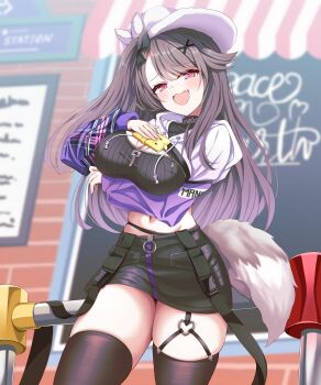 1girl :d absurdres arm_support arm_under_breasts azur_lane black_ribbon black_skirt blush breast_rest breasts brown_hair commentary_request crop_top cropped_hoodie day fang fox_tail garter_straps gradient_hair hair_ornament hair_over_one_eye hair_ribbon hairclip hat heart heart_o-ring highres hip_focus hood hoodie kokonoe910 large_breasts long_hair medium_breasts miniskirt multicolored_hair navel o-ring o-ring_garter_straps open_mouth outdoors pamiat_merkuria_(azur_lane) pamiat_merkuria_(chic_and_cheeky)_(azur_lane) pink_eyes purple_hair ribbon side_ponytail single_garter_strap skindentation skirt smile smug solo tail thighhighs thighs very_long_hair white_hat x_hair_ornament
