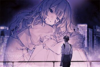 1boy 1girl balcony black_pants blade_runner_(series) blade_runner_2049 brown_hair catherine_(project_moon) chest_harness collared_shirt dark-skinned_male dark_skin dress frilled_sleeves frills harness heathcliff_(project_moon) hologram juliet_sleeves krab_(fumekrab) limbus_company long_hair long_sleeves meme pants parted_lips project_moon puffy_sleeves purple_theme shirt white_shirt you_look_lonely_(meme)