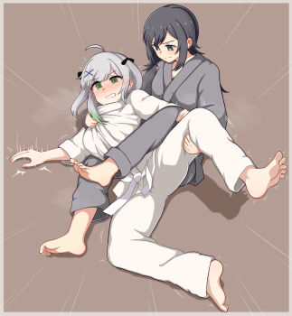 2girls barefoot catfight commission dougi fainting fighting highres judo milliani multiple_girls peeing pixiv_commission tagme