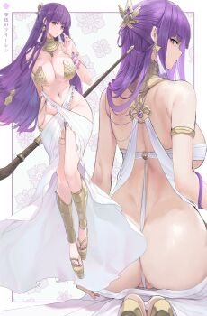 1girl absurdres alternate_costume ancient_egyptian_clothes armlet ass bare_shoulders between_buttocks bikini blush breasts cleavage dishwasher1910 earrings fern_(sousou_no_frieren) from_behind full_body gold_bikini groin hair_ornament highres holding holding_staff jewelry kneeling large_breasts long_hair long_legs looking_at_viewer looking_back mage_staff magic_circle multiple_views nail_polish navel parted_lips partially_visible_vulva platform_footwear purple_eyes purple_hair purple_nails revealing_clothes sandals simple_background snake sousou_no_frieren staff swimsuit underboob very_long_hair white_background yellow_sandals