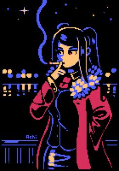 1girl achidraws animated animated_gif artist_name black_hair black_shirt cigarette coat fur_trim hand_in_pocket jill_stingray mouth_hold night night_sky outdoors pixel_art railing red_coat red_eyes reflection shirt shooting_star sky smoking solo standing twintails va-11_hall-a water