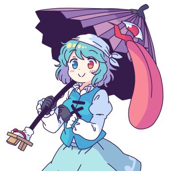 1girl absurdres black_gloves blue_eyes blue_hair blue_vest blush breasts closed_mouth commentary english_commentary gloves headscarf heterochromia highres holding holding_umbrella juliet_sleeves karakasa_obake long_sleeves looking_at_viewer pioartstuff puffy_sleeves purple_umbrella red_eyes shirt smile solo tatara_kogasa touhou transparent_background umbrella vest white_headscarf white_shirt