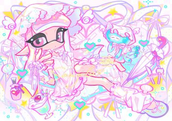 1girl blue_shoes bonnet bow chinstrap closed_mouth colored_lineart commentary commission cross-laced_clothes cross-laced_sleeves detached_sleeves dress dress_bow earrings expressionless footwear_ribbon frilled_dress frills full_body highres inkling inkling_girl inkling_player_character jellyfish_(splatoon) jewelry leg_warmers long_hair looking_at_viewer mole mole_under_eye nintendo pink_eyes pink_hair pointy_ears pom_pom_(clothes) pom_pom_earrings ribbon sample_watermark shoes short_sleeves sleeve_ribbon solo splatoon_(series) tentacle_hair thick_lineart watermark white_bonnet white_bow white_dress white_leg_warmers white_ribbon white_sleeves xiaoyunatie