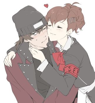 1boy 1girl aragaki_shinjirou armband beanie black_eyes black_hat black_jacket black_shirt blush bow brown_hair cheek-to-cheek closed_eyes closed_mouth commentary_request fingernails gekkoukan_high_school_uniform gomsuk4 hair_between_eyes hair_ornament hairclip hand_on_another&#039;s_shoulder hand_up hat heads_together heart hetero highres jacket korean_commentary lapels leaning_on_person long_sleeves looking_to_the_side persona persona_3 persona_3_portable red_armband red_bow red_hair red_jacket s.e.e.s school_uniform shiomi_kotone shirt simple_background smile sweatdrop upper_body white_background