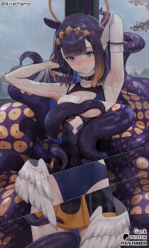 1girl arm_up armpits black_dress black_gloves black_one-piece_swimsuit blue_eyes blush breasts covering_breasts covering_privates detached_sleeves diamond_hairband dress gloves gradient_hair hairband halo highres hololive hololive_english kirachamo long_hair low_wings mole mole_under_eye multicolored_hair ninomae_ina'nis ninomae_ina'nis_(1st_costume) one-piece_swimsuit orange_hair orange_hairband orange_halo parted_lips pointy_ears purple_hair rain single_detached_sleeve small_breasts solo strapless strapless_dress swimsuit tentacle_hair tentacles tube_dress twitter_username virtual_youtuber white_sleeves white_wings wings