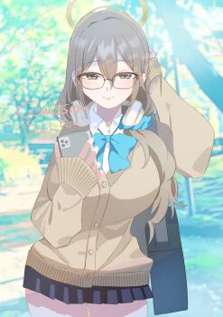 1girl akane_(blue_archive) akane_(school_uniform)_(blue_archive) bag blue_archive breasts brown_eyes brown_hair cardigan commentary_request glasses hair_between_eyes halo headphones highres holding holding_phone large_breasts looking_at_viewer naokorin_ch neck_ribbon park phone pleated_skirt ribbon school_bag shirt skirt smile white_shirt