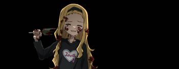 1girl black_background blonde_hair blood blood_in_hair blood_on_face broken_bottle closed_eyes crying daikon_keroi highres kirarazaka_marina long_hair shirt simple_background smile solo t-shirt takopii_no_genzai