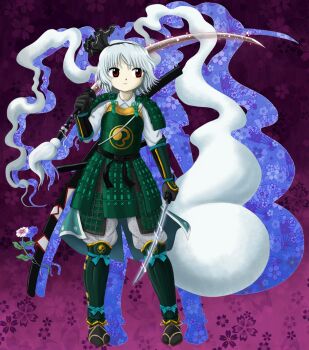 1girl armor black_hairband closed_mouth dou flower full_body ghost gradient_background grey_hair haidate hairband highres holding holding_sword holding_weapon japanese_armor katana konpaku_youmu konpaku_youmu_(ghost) kote kusazuri looking_to_the_side multiple_swords pants pants_tucked_in parasite_oyatsu purple_background red_eyes short_hair shoulder_armor sode standing suneate sword touhou weapon zun_(style)