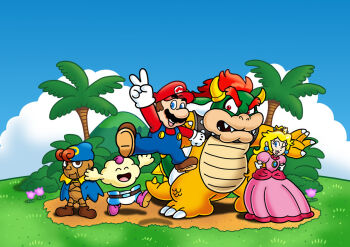 1girl 4boys blonde_hair blue_eyes bowser brown_hair day dress earrings facial_hair full_body geno_(mario) gloves grin hat horns jewelry jumping long_hair looking_at_viewer mallow_(mario) mario mario_(series) multiple_boys mustache nintendo one_eye_closed options overalls pink_dress princess_peach red_hair smile square_enix super_mario_rpg trembling v wink