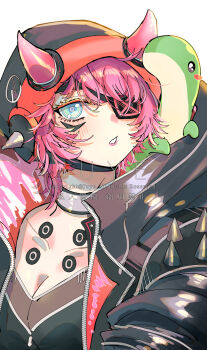 1girl absurdres animification apex_legends artist_name black_hat black_jacket blue_eyes breasts chinese_commentary chinese_text choker cleavage collarbone commentary_request creature cyber_punked_wattson english_text eyeshadow fake_horns grey_choker hat highres hood hood_down hooded_jacket horned_headwear horns jacket looking_at_viewer makeup medium_breasts nessie_(respawn) parted_lips pink_hair red_eyeshadow short_hair simple_background solo spikes wattson_(apex_legends) white_background xiaoye_ju_er