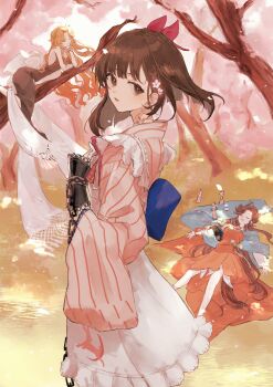 3girls :d apron black_dress bow brown_eyes brown_hair cherry_blossoms closed_eyes cuffs dress druvis_iii flower frilled_apron frills from_side full_body green_sleeves hair_bow hair_flower hair_ornament hand_up highres in_tree japanese_clothes jiu_niangzi karako_(red-tea) kimono leaf_hair_ornament long_dress long_hair looking_at_viewer lying maid multiple_girls on_back on_grass on_side open_mouth orange_hair outdoors pink_flower pink_kimono pinstripe_kimono pinstripe_pattern rabbit_ornament red_bow red_dress reverse:1999 satsuki_(reverse:1999) short_hair sleeping sleeveless sleeveless_dress smile solo_focus statuette striped_clothes striped_kimono tree upper_body vertical-striped_clothes vertical-striped_kimono wa_maid white_apron wrist_chain