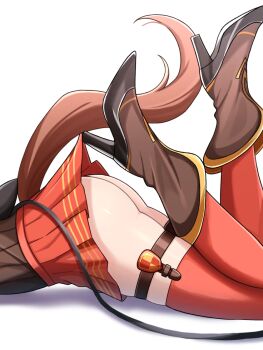 1girl ass boots brown_boots commentary_request head_out_of_frame horse_girl horse_tail lace_pantyhose_hooked_on_heel_(meme) maruzensky_(umamusume) meme red_skirt red_thighhighs simple_background skirt solo tail thighhighs thighs umamusume white_background y_k_(user_maxh5525)