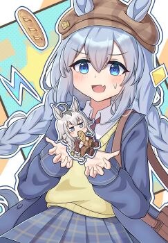 Rule 34 | 2girls, ahoge, animal ears, bag, baguette, blue eyes, blue jacket, blue skirt, blush, braid, braided ponytail, bread, brown jacket, brown skirt, collared shirt, commentary, ears through headwear, english commentary, fang, food, grey hair, hair between eyes, hair ornament, hat, highres, holding, holding food, horse ears, horse girl, horse tail, jacket, lightning bolt symbol, long hair, long sleeves, multicolored hair, multiple girls, necktie, oguri cap (umamusume), open clothes, open jacket, open mouth, red necktie, shirt, shoulder bag, skin fang, skirt, smile, star (symbol), star hair ornament, sweatdrop, sweater vest, tail, tamamo cross (umamusume), twin braids, twintails, umamusume, umamusume: cinderella gray, user njyp2785, white shirt, yellow sweater vest