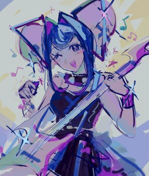 1girl android blue_hair collar glitch_productions goth_fashion guitar hair_ornament highres instrument knights_of_guinevere makeup one_eye_closed princess princess_guinevere punk skirt skull_hair_ornament spiked_collar spikes wink
