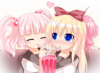 3girls ^_^ ahoge blonde_hair blue_eyes blush bow dress drink drinking drinking_straw eating closed_eyes food hair_bobbles hair_bow hair_ornament hair_ribbon kagerou_(kers) kers long_hair multiple_girls pink_hair pocky ribbon sailor_dress school_uniform serafuku shared_drink short_hair smile sugiura_ayano toshinou_kyouko twintails yoshikawa_chinatsu yuri yuruyuri