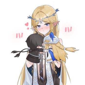 1girl absurdres bare_shoulders black_collar black_dress blonde_hair blue_eyes blush breasts cartethyia_(wuthering_waves) closed_mouth collar commentary crown_of_thorns dress ear_blush earrings embarrassed english_commentary flying_sweatdrops hand_puppet highres jewelry kiss long_hair looking_at_viewer male_rover_(wuthering_waves) necklace noir_(noir_reveur) parted_bangs pointy_ears puppet rover_(wuthering_waves) sidelocks simple_background small_breasts solo sweatdrop tabard tacet_mark_(wuthering_waves) upper_body white_background white_tabard wuthering_waves