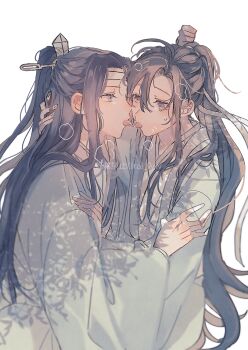 2boys after_kiss ahoge alternate_costume amana_raika aqua_coat bishounen black_hair breath chinese_clothes coat couple eye_contact eyelashes face-to-face grey_eyes hair_between_eyes hand_in_another&#039;s_hair hand_on_another&#039;s_shoulder hanfu headband high_ponytail highres hug lan_wangji long_hair long_sleeves looking_at_another male_focus modao_zushi multiple_boys open_mouth ponytail purple_eyes robe saliva saliva_trail sidelocks simple_background sweat tears tongue tongue_out topknot twitter_username upper_body watermark wei_wuxian white_background white_hanfu white_headband wide_sleeves xiao_guan_(headdress) yaoi