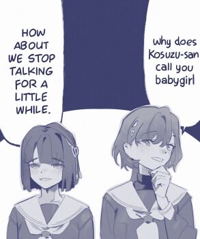 2girls :d blunt_bangs bob_cut commentary english_text flower_knot greyscale hair_ornament hand_on_own_chin hasu_no_sora_school_uniform highres implied_yuri jellyfish_cut katsuragi_izumi link!_like!_love_live! long_hair love_live! meme momose_ginko monochrome multiple_girls neckerchief open_mouth pipi_(m1x_mix) sailor_collar school_uniform short_hair smile speech_bubble symbol-only_commentary turtleneck virtual_youtuber why_does_x_call_you_babygirl?_(meme) winter_uniform