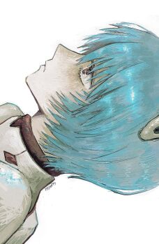 Rule 34 | 1girl, artist name, ayanami rei, blue hair, bodysuit, expressionless, gumidrawing, highres, interface headset (evangelion), mecha pilot suit, neon genesis evangelion, plugsuit (evangelion), profile, short hair, simple background, solo, white background, white bodysuit