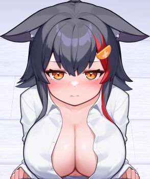 1girl animal_ears black_hair blush breasts cleavage collared_shirt cum cum_on_body deaver facial hair_ornament hairclip highres hololive large_breasts looking_at_viewer multicolored_hair ookami_mio open_mouth orange_eyes red_hair shirt solo streaked_hair upper_body virtual_youtuber white_shirt wolf_ears wolf_girl