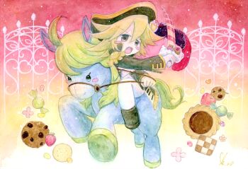 Rule 34 | aotake tomo, black coat, blonde hair, blush stickers, candy, checkerboard cookie, coat, commentary request, cookie, duel monster, fence, food, food-themed weapon, fruit, full body, gradient background, highres, horse, horseback riding, madolche chouxvalier, open mouth, painting (medium), pants, riding, strawberry, traditional media, watercolor (medium), white pants, wrapped candy, yu-gi-oh!