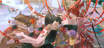 1girl absurdres bare_shoulders barefoot black_dress black_hairband black_nails blunt_bangs breasts carp carpet chinese_clothes chinese_commentary chromatic_aberration cleavage commentary_request doll_house dress feet fish floor flower flower_tattoo flying_fish freckles green_eyes hair_between_eyes hair_bun hair_flower hair_ornament hairband hand_on_own_cheek hand_on_own_face highres holding holding_smoking_pipe indoors knees_together_feet_apart lamp lantern large_breasts leg_tattoo legs long_hair long_sleeves nail_polish necktie on_floor original paper_lantern parted_lips red_flower red_hair red_nails red_ribbon red_rose ribbon rose shoulder_tattoo sleeves_past_wrists smoke smoking_pipe solo tattoo toenail_polish toenails toes very_long_hair watermark weibo_watermark weibo_watermark white_flower wooden_door wooden_floor z3zz4