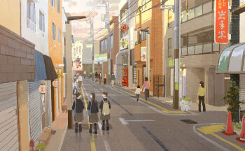 3girls absurdres backpack bag bench black_footwear black_hair black_jacket black_socks blazer blue_bag blue_sky blunt_ends brown_hair brown_skirt cityscape cloud collared_shirt commentary_request from_behind greeeen hair_ornament hairclip hayashi_naoyuki highres jacket kneehighs lantern long_hair looking_at_another medium_skirt multiple_girls outdoors paper_lantern parted_lips people pleated_skirt poodle power_lines road scenery school_uniform shirt shoes short_hair shoulder_bag sign skirt sky socks traffic_cone uwabaki vending_machine white_shirt yellow_bag