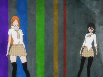 00s 2girls animated animated_gif anime_screenshot ass black_hair black_thighhighs bleach bow bowtie choreography dancing hip_focus inoue_orihime kuchiki_rukia long_hair lowres miniskirt multiple_girls necktie non-web_source orange_hair pantyhose school_uniform short_hair shoujo_s size_difference skirt socks thighhighs unmoving_pattern wide_hips zettai_ryouiki