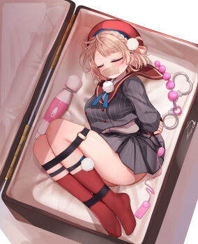 1girl arms_behind_back beret black_shirt black_skirt blush bound bound_ankles bound_legs bound_wrists box braid briefcase brown_hair closed_eyes commentary_request crown_braid cuffs egg_vibrator festa11307070 from_side gag hair_ornament hair_rings handcuffs hat hitachi_magic_wand improvised_gag in_box in_container indie_virtual_youtuber kneehighs o-ring paid_reward_available pom_pom_(clothes) pom_pom_hair_ornament red_hat red_sailor_collar red_socks restrained sailor_collar sex_toy shigure_ui_(vtuber) shigure_ui_(1st_costume)_(vtuber) shirt short_hair signature skirt socks soles solo striped_clothes striped_shirt striped_skirt tape tape_gag thighs variant_set vertical-striped_clothes vertical-striped_shirt vertical-striped_skirt vibrator virtual_youtuber white_shirt