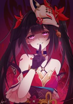 Rule 34 | 1girl, absurdres, artist name, bare shoulders, bell, black choker, black gloves, black sash, blunt bangs, blurry, blurry background, breasts, brown hair, choker, cleavage, collarbone, commentary request, criss-cross halter, depth of field, detached sleeves, dress, eyelashes, eyeliner, facial mark, falling petals, finger to mouth, floral print, flower, flower tattoo, fox mask, gloves, gradient background, grin, hair bell, hair intakes, hair ornament, hair ribbon, halter dress, halterneck, hand up, head tilt, highres, honkai: star rail, honkai (series), index finger raised, long hair, looking at viewer, makeup, mask, mask on head, neck bell, o-ring, obi, parted lips, petals, pink eyes, print dress, print sleeves, purple background, red background, red dress, red eyeliner, red flower, red ribbon, red sleeves, revision, ribbon, sash, shaded face, shixinjintianmoyulema, short sleeves, shoulder tattoo, shushing, signature, sleeveless, sleeveless dress, small breasts, smile, solo, sparkle (honkai: star rail), standing, straight-on, tattoo, teeth, twintails, unworn mask, upper body, very long hair, wide sleeves