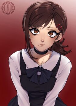 1girl apron black_apron black_bow black_choker black_eyeshadow bow breasts brown_eyes brown_hair chainsaw_man choker closed_mouth collared_shirt commentary eyelashes eyeshadow hair_ornament hairclip higashiyama_kobeni highres looking_at_viewer makeup mole mole_on_cheek mole_under_eye mole_under_mouth multiple_moles nose ponytail shirt short_hair short_ponytail single_sidelock small_breasts solo sweat swept_bangs teyoid upper_body white_shirt