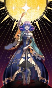 1girl blood blue_dress blue_eyes blue_hair commentary_request double_bun dress hair_bun hair_intakes highres holding holding_sword holding_weapon knights_of_guinevere llll897557 looking_at_viewer princess_guinevere smile solo sun sword weapon