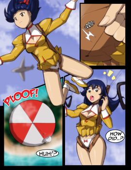 absurdres agent_aika aika_(series) aircraft airplane backpack bag before_and_after blue_hair bow bow_panties breasts brown_eyes cleavage cleavage_cutout clothing_cutout cloud crotch delmo deviantart falling freediving golden_delmo hair_bow hair_ornament hair_ribbon highres long_hair medium_breasts open_mouth outdoors panties pantyshot parachute ribbon rie_petoriyacowa sequential severflame sky solo speech_bubble surprised text_focus thighs underwear upskirt