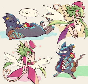 Rule 34 | 1girl, 2boys, ;), angel wings, animal ears, arm behind head, arms behind back, blush stickers, coattails, commentary request, ear tag, fang, gloves, green hair, grey fur, grey gloves, half-closed eyes, hat, heart, heart (mad rat dead), heart tail, hole in chest, hole on body, hug, leotard, long sidelocks, lying, mad rat, mad rat dead, mouse boy, mouse ears, mouse girl, mouse tail, multiple boys, on back, one-eyed, one eye closed, open mouth, orange gloves, rat god, red eyes, red hat, shiwo (siwosi), sidelocks, slit pupils, smile, stitches, sweat, sweatdrop, tail, top hat, translated, white background, white leotard, white wrist cuffs, wings, wrist cuffs