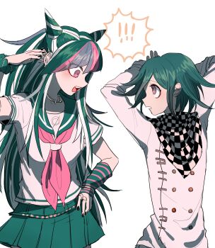 Rule 34 | !, !!, 1boy, 1girl, arm belt, arm warmers, arms behind head, belt, black arm warmers, black hair, black nails, black sailor collar, black scarf, black scrunchie, black skirt, buttons, checkered clothes, checkered scarf, choker, collared shirt, cone hair bun, cowboy shot, danganronpa (series), danganronpa 2: goodbye despair, danganronpa v3: killing harmony, double-breasted, double bun, ear piercing, eyelashes, eyes visible through hair, hair bun, hand on own ear, hand on own hip, highres, in-franchise crossover, jacket, jewelry, long hair, long sleeves, miniskirt, mioda ibuki, multicolored buttons, multicolored hair, multiple rings, nail polish, neckerchief, oma kokichi, one eye closed, open mouth, parted lips, piercing, pink eyes, pink hair, pink neckerchief, pleated skirt, purple eyes, purple hair, ring, sailor collar, sarami (sa rami30), scarf, school uniform, scrunchie, serafuku, shirt, short hair, short sleeves, simple background, single arm warmer, skirt, streaked hair, striped arm warmers, teeth, two-tone scarf, upper teeth only, very long hair, white background, white belt, white hair, white jacket, white scarf, white shirt, white sleeves, wrist scrunchie