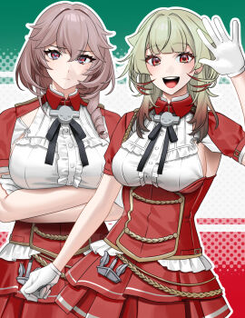 2girls akagi_kurage alternate_costume armpit_cutout azur_lane blunt_bangs brown_hair closed_mouth clothing_cutout collar commission cosplay crossed_arms dress drill_hair duca_degli_abruzzi_(azur_lane) framed_breasts frilled_dress frills giuseppe_garibaldi_(azur_lane) giuseppe_garibaldi_(kancolle) giuseppe_garibaldi_(kancolle)_(cosplay) gloves gradient_hair green_hair hair_between_eyes highres kantai_collection layered_skirt long_hair looking_at_viewer luigi_di_savoia_duca_degli_abruzzi_(kancolle) luigi_di_savoia_duca_degli_abruzzi_(kancolle)_(cosplay) multicolored_hair multiple_girls open_mouth pixiv_commission red_collar red_dress red_eyes red_skirt skirt smile teeth upper_teeth_only waving white_gloves