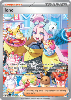 1girl :d artist_name bare_shoulders blue_hair card_(medium) character-themed_food character_name coat company_name copyright_name copyright_notice dessert eevee english_text eyelashes food fruit gen_1_pokemon gen_4_pokemon gen_8_pokemon holding holding_food ice_cream iono_(pokemon) kirisaki_(gin16k) kiwi_(fruit) kiwi_slice long_hair long_sleeves magnemite multicolored_eyes multicolored_hair nintendo official_art open_mouth pancake parfait picture_frame pikachu pink_hair plate pokemon pokemon_card pokemon_sv pokemon_tcg polteageist rotom rotom_phone sharp_teeth shelf sleeves_past_wrists smile sparkle spoon strawberry tandemaus teapot teeth third-party_source trading_card two-tone_hair v-shaped_eyebrows yellow_coat