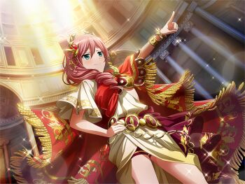 1girl bracelet building cape closed_mouth cosplay dutch_angle game_cg greco-roman_clothes green_eyes hair_over_shoulder hand_on_own_hip headpiece jewelry julius_caesar julius_caesar_(cosplay) long_hair official_art pink_hair pointing real_life red_cape short_sleeves shoujo_kageki_revue_starlight shoujo_kageki_revue_starlight_-re_live- smile solo standing tsuruhime_yachiyo upper_body