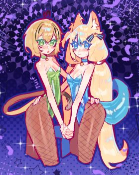 Rule 34 | 2girls, alternate costume, animal ear fluff, animal ears, black pantyhose, blonde hair, blue collar, blue eyes, blue leotard, breasts, cleavage, collar, collarbone, dooby, fins, fish girl, fish tail, fishnet pantyhose, fishnets, green collar, green eyes, green leotard, hand on another's hip, holding hands, indie virtual youtuber, leotard, long hair, looking at viewer, mouse girl, mouse tail, multiple girls, nontraditional playboy bunny, open mouth, pantyhose, sameko saba, short hair, small breasts, sparkle, star (symbol), strapless, strapless leotard, tail, tuiffff, twintails, virtual youtuber