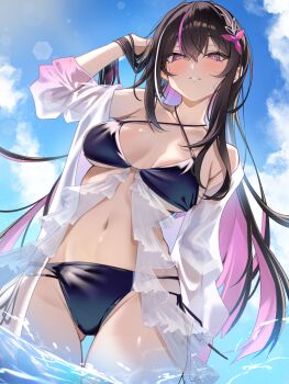 Rule 34 | 1girl, arm up, azki (hololive), black hair, blue sky, blush, breasts, breasts apart, colored inner hair, commentary request, flower ornament, gluteal fold, hair flip, hair ornament, highres, hololive, lens flare, long hair, looking at viewer, looking down, medium breasts, multicolored hair, navel, non-circular lens flare, off shoulder, omoti (1201208), open clothes, open mouth, open shirt, paid reward available, pink hair, pink streaks, purple eyes, see-through clothes, see-through shirt, shirt, sky, smile, solo, sunlight, surf, swimsuit, underboob, very long hair, virtual youtuber, white shirt, white streaks