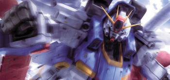 aeug beam_cannon blue_eyes clenched_hand dutch_angle full_armor_zz_gundam gundam gundam_zz highres katoki_hajime mecha mecha_focus mobile_suit motion_blur official_art painting_(medium) promotional_art realistic robot scan science_fiction solo traditional_media upper_body v-fin zz_gundam