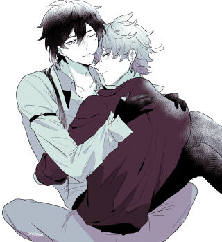 Rule 34 | 2boys, carrying, cuddling, genshin impact, gils3105, greyscale, highres, image sample, monochrome, multiple boys, nuzzle, pixiv, pixiv sample, princess carry, tartaglia (genshin impact), white background, yaoi, zhongli (genshin impact)