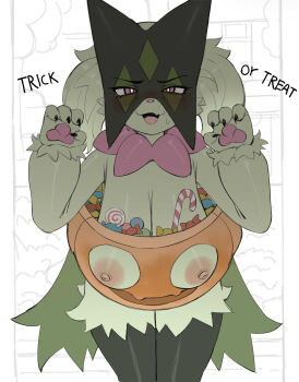 1girl animal_hands animal_nose body_fur breasts claws furry furry_female green_fur halloween_costume highres jack-o&#039;-lantern large_breasts looking_at_viewer meowscarada nintendo nipples pawpads pokemon pokemon_(creature) pumpkin solo sweat trick_or_treat two-tone_fur zhou135627