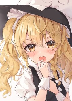 1girl absurdres alternate_hairstyle black_hat black_vest blonde_hair blush bow braid commentary_request hair_bow hat hat_bow highres kirisame_marisa looking_at_viewer open_mouth puffy_short_sleeves puffy_sleeves short_sleeves side_braid single_braid solo touhou twintails vest wheat_retzel white_bow witch_hat yellow_eyes