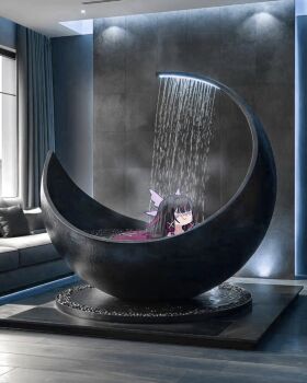 1girl absurdres bath bathing bathtub black_hair blunt_bangs columbina_(genshin_impact) couch genshin_impact head_wings highres indoors mask meroo_art multicolored_hair partially_submerged photo_background showering smile solo streaked_hair tiles wings