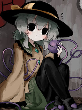 1girl black_boots black_eyes black_hat black_pantyhose boots bow buttons closed_mouth collared_shirt diamond_button eyeball fedora floral_print frilled_shirt_collar frilled_sleeves frills full_body green_hair green_skirt hair_between_eyes hat hat_bow heripantomorrow holding holding_eyeball komeiji_koishi long_sleeves looking_at_viewer medium_hair notice_lines pantyhose shirt sitting skirt smile solo third_eye touhou yellow_bow yellow_shirt