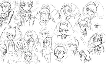 2girls blush bow crossed_arms dress drill_hair hair_bow hair_ornament hairpin hands_on_own_hips highres long_hair luna_platz_(mega_man) mayl_sakurai_(mega_man) mega_man_(series) mega_man_star_force_(series) multiple_expressions multiple_girls multiple_views official_art open_mouth sketch sweatdrop third-party_source twin_drills very_long_hair